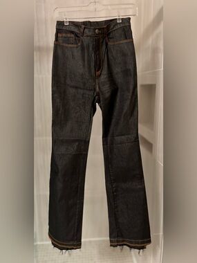 Transit Par-Such Waxed Coated Black Denim Flare Pants Raw Hem Italian Size 40
